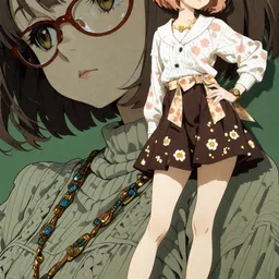 Original high-quality anime artwork featuring a young girl with short, light pink hair and amber eyes, wearing a floral-patterned cardigan and a brown skirt with white flowers. The background shows a larger image of a girl with brown hair and a matching cardigan.