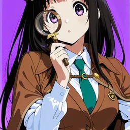 Original high-quality anime artwork featuring a black-haired girl with violet eyes, wearing a detective outfit with a magnifying glass. Set against a plain purple background.