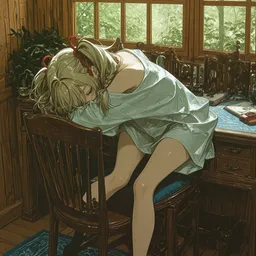 Original high-quality anime artwork featuring a sleeping blonde-haired girl with closed eyes wearing a light blue dress, resting at a desk in a sunlit room. The scene evokes a peaceful, melancholic mood with a view of trees through the window.