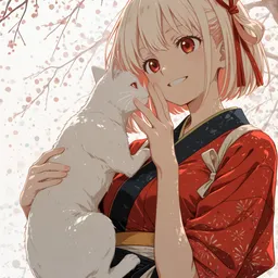 Original high-quality anime artwork featuring a smiling, blonde-haired girl with striking red eyes, wearing a traditional red and navy outfit, holding a white cat under a blossoming cherry tree.