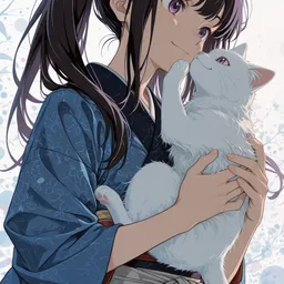 Original high-quality anime artwork featuring a black-haired girl with violet eyes, wearing a traditional blue kimono while cradling a fluffy white cat. The background is soft and dreamy with floral patterns.