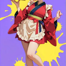 Original high-quality anime artwork featuring a short-haired blonde girl with red eyes wearing a red kimono-style dress with a white apron, holding a tray with a bottle and dish against a vibrant purple and yellow background. This artwork captures a charming and inviting atmosphere.