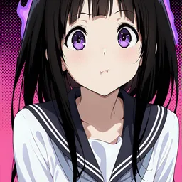 Original high-quality anime artwork featuring a schoolgirl with long black hair and striking amethyst eyes, wearing a white and navy sailor-style uniform. A bright pink background and purple energy surround her.
