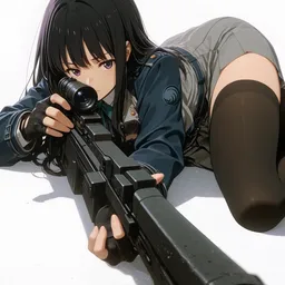 Original high-quality anime artwork featuring a black-haired girl with purple eyes, dressed in a military-style uniform and holding a large rifle. The background is a clean white, emphasizing the character's intense focus.