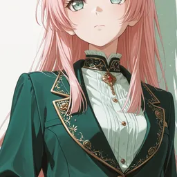 Original high-quality anime artwork featuring a pink-haired girl with striking teal eyes, dressed in a detailed emerald green coat with gold trim. The background is a simple, bright gradient, emphasizing the subject's detailed and stylish design.