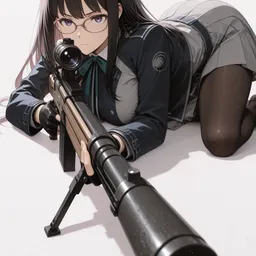 Original high-quality anime artwork featuring a black-haired girl with violet eyes, wearing a school uniform-inspired outfit, and aiming a sniper rifle. The minimalist white background emphasizes her focused expression and sharp attire.