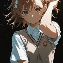 Original high-quality anime artwork featuring a young girl with short, light brown hair and amber eyes, wearing a school uniform with a vest. The background is dark, with a soft, diffused light highlighting her features.