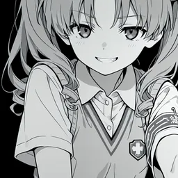 Original high-quality anime artwork featuring a smiling girl with light gray pigtails and gray eyes, wearing a school uniform. The monochrome palette enhances the detail in this cute anime girl art.