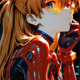 Original high-quality anime artwork featuring a red-haired girl with striking blue eyes wearing a futuristic red and black suit. She is adorned with translucent orange visor glasses, set against a blurred dark background.