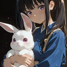 Original high-quality anime artwork featuring a girl with black hair and purple eyes, gently holding a white rabbit. She is wearing a blue kimono-style outfit, set against a dark background.