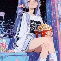 Original high-quality anime artwork featuring a long, light purple-haired elf girl with green eyes, wearing a casual white top and shorts while enjoying popcorn under a starlit sky. The scene is bathed in soft pastel hues with intricate architectural details in the background.