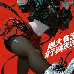 Original high-quality anime artwork featuring a silver-haired girl with grey eyes, wearing a black jacket and red skirt, holding a pistol with focused intensity. The background is a bold, vibrant red, highlighting the character's dynamic pose and edgy street-style aesthetic.