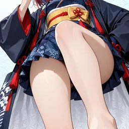 Vibrant anime artwork viewed from a low angle, featuring a girl with short blue hair and green eyes wearing a modernized dark blue kimono dress with a yellow obi and red tassels. She stands confidently in high-platform wooden geta, making a playful hand gesture against a background of light blue traditional wave patterns.