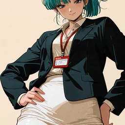 Original high-quality anime artwork featuring a teal-haired girl with dark purple eyes, wearing a business casual outfit with a red ribbon in her hair, posing confidently against a neutral background.