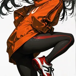 Original high-quality anime artwork featuring a black-haired girl with piercing red eyes, wearing a vibrant orange hoodie and black leggings with red accents. She is captured mid-motion against a clean white backdrop, emphasizing her energetic pose.