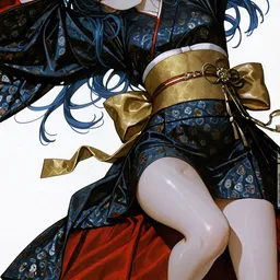 Original high-quality anime artwork featuring a girl with flowing azure hair and jade eyes, adorned in a patterned kimono with gold accents. She is reclining gracefully against a vibrant red fabric.