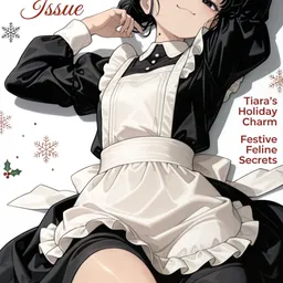 Original high-quality anime artwork featuring a cute anime girl with black hair and eyes, wearing a black and white maid outfit with cat ears against a white background and snowflakes. The illustration evokes a festive holiday mood.