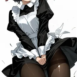 Original high-quality anime artwork featuring a black-haired girl with grey eyes in a classic black and white maid outfit looking surprised. She is in the middle of an unexpected encounter. Perfect as an anime wallpaper.
