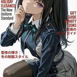 Original high-quality anime artwork featuring a black-haired girl with purple eyes in a school uniform, posing for a magazine cover. The backdrop is a clean, minimalist style emphasizing the girl's elegant demeanor.