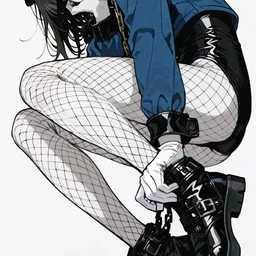 Original high-quality anime artwork featuring a brunette girl with grey eyes wearing a blue uniform jacket and hat, black shorts and stylish black boots against a clean white backdrop. The artwork has dramatic shadows.