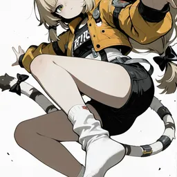 Original high-quality anime artwork featuring a cute anime girl with light blonde hair and heterochromia eyes, wearing a yellow jacket and striped tail. This charming character strikes a dynamic pose against a clean white background.