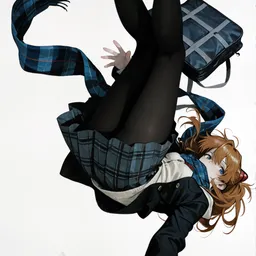 Original high-quality anime artwork featuring a red-haired schoolgirl with striking blue eyes, wearing a dark school uniform and a plaid scarf, floating in a bright, featureless space with her schoolbag. This stunning illustration captures a sense of freedom and whimsy.