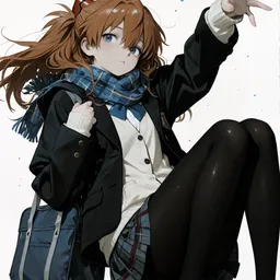 Original high-quality anime artwork featuring a brown-haired girl with blue eyes wearing a school uniform and a plaid scarf against a white background. She is holding out her hand, and her school bag sits next to her.