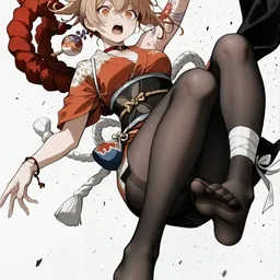 Original high-quality anime artwork featuring a girl with short blonde hair, amber eyes, and a vibrant red and black patterned outfit. She is adorned with decorative ties and accessories against a clean, bright background.