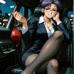 Original high-quality anime artwork featuring a woman with blueish-purple hair and blue eyes, wearing glasses and a dark suit inside a car. She is holding a red garment in her hand, with a cityscape visible outside the car window.