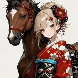 Original high-quality anime artwork featuring a cute blonde anime girl with brown eyes wearing a red kimono with floral pattern, sitting on a brown horse. The artwork evokes a cheerful and festive atmosphere, perfect for a 2K anime wallpaper.