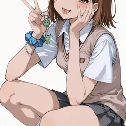 Original high-quality anime artwork featuring a smiling schoolgirl with short brown hair and light brown eyes, holding a frog keychain. She wears a school uniform with a vest and displays a playful, cheerful mood against a clean white background.