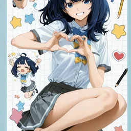 Original high-quality anime artwork featuring a blue-haired schoolgirl with striking blue eyes wearing a cute school uniform with a grey skirt. She smiles while surrounded by cartoon star doodles, creating a cheerful and playful atmosphere.