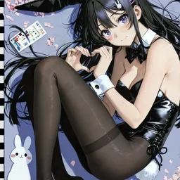 Original high-quality anime artwork featuring a long black-haired girl with violet eyes wearing a shiny black bunny suit with a white collar and fluffy tail. She lies on a bed surrounded by cherry blossom petals and cute cartoon rabbits.