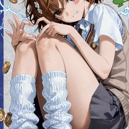 Original high-quality anime artwork featuring a cute anime girl with short brown hair and brown eyes, wearing a school uniform with white socks. The backdrop includes gold coins, stars and electrical effects, creating a vibrant anime wallpaper.