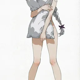 Original high-quality anime artwork featuring a shy silver-haired elf girl hugging a large white pillow. She has beautiful purple eyes, a braided hairstyle with a flower ornament, and stands against a clean white background.