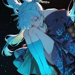 Original high-quality anime artwork featuring a graceful girl with flowing teal twin-tails and sapphire eyes. She wears an elegant dark blue traditional-style outfit with butterfly ribbons, floating peacefully against a starry night background. The artwork showcases luminous hair effects and dynamic flowing fabric.