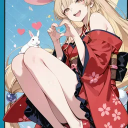 Original high-quality anime artwork featuring a cheerful girl with flowing golden hair and bunny ears. She wears an elegant red and black traditional kimono adorned with cherry blossoms, sitting gracefully against a moonlit sky. The artwork showcases delicate sakura petals, a crescent moon backdrop, and a playful white rabbit companion.