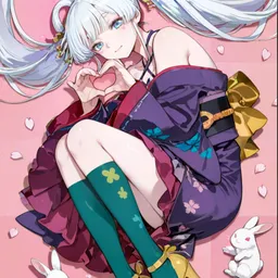 Original high-quality anime artwork featuring a graceful girl with flowing silver-white hair and bunny ears. She wears a luxurious purple and teal kimono with golden accents and emerald boots, sitting elegantly against a romantic pink background. The artwork showcases delicate heart motifs, cherry blossom petals, and adorable white rabbit companions.